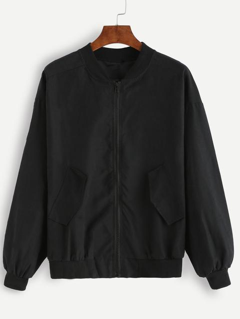 Black Pockets Zipper Bomber Jacket