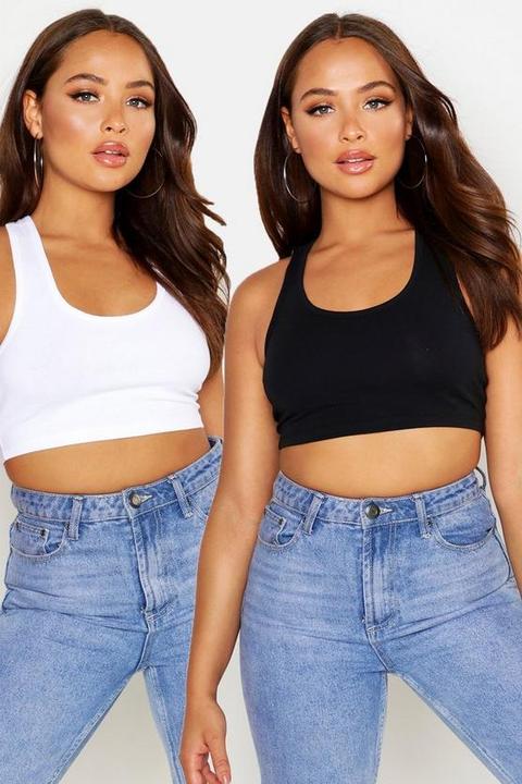 Womens 2 Pack Racer Crop Top - Black - 14, Black