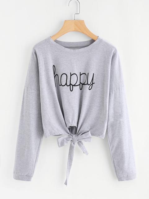 Happy Print Knot Front Drop Shoulder Tee