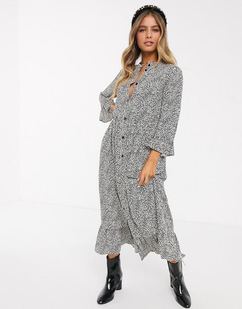 Asos Design Button Through Tiered Smock Maxi Dress In Mono Splodge-multi