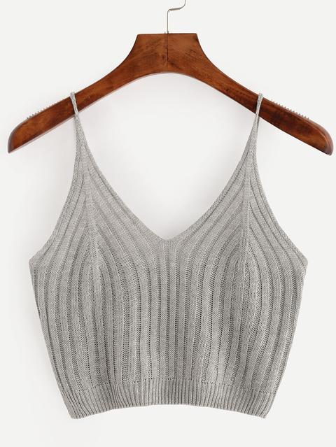 Grey Ribbed Knit Crop Cami Top