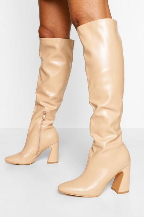 Womens Block Heel Knee High Boot - Beige - 7, Beige