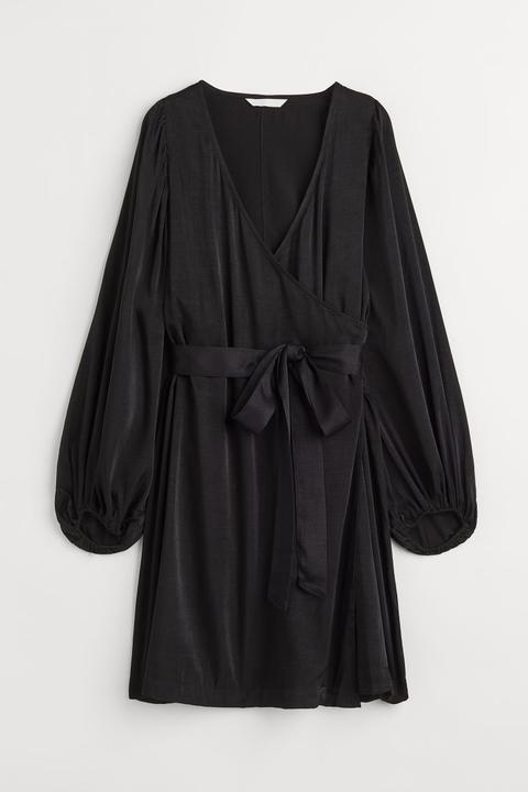 Vestido Cruzado De Satén - Negro