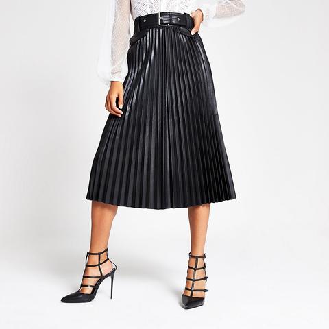 black leather pleated skirt river island