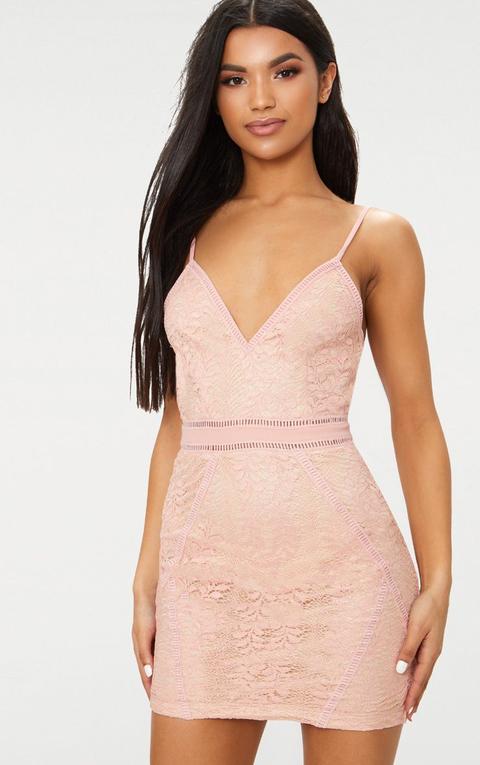 Dusty Pink Lace Binding Detail Strappy Bodycon Dress