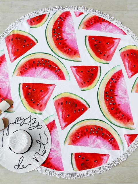 Watermelon Slice Print Fringe Trim Round Beach Blanket