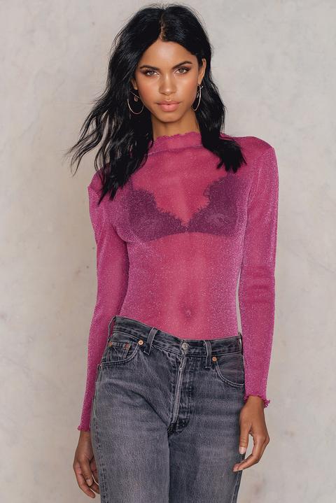 Na-kd Party Glittery High Neck Mesh Top - Pink