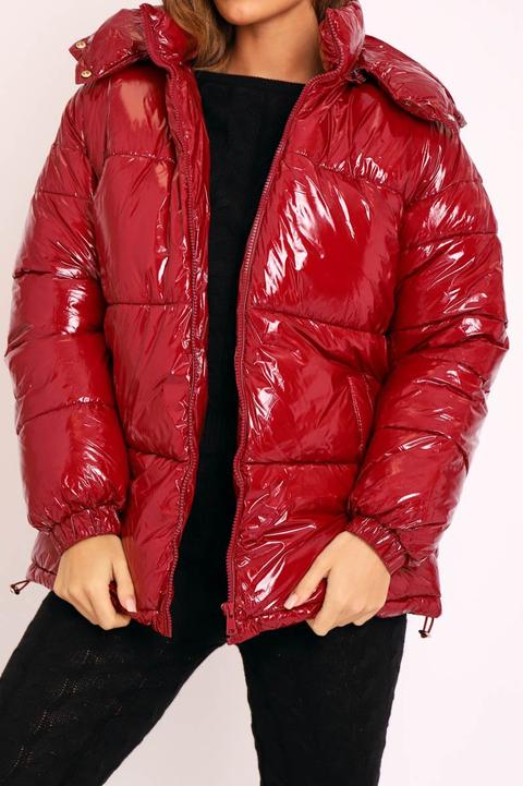 wine puffer jacket with fur hood