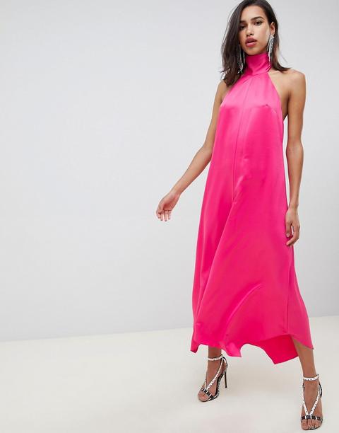 Asos Design Satin Jumpsuit With Tie Neck And Asymmetric Hems