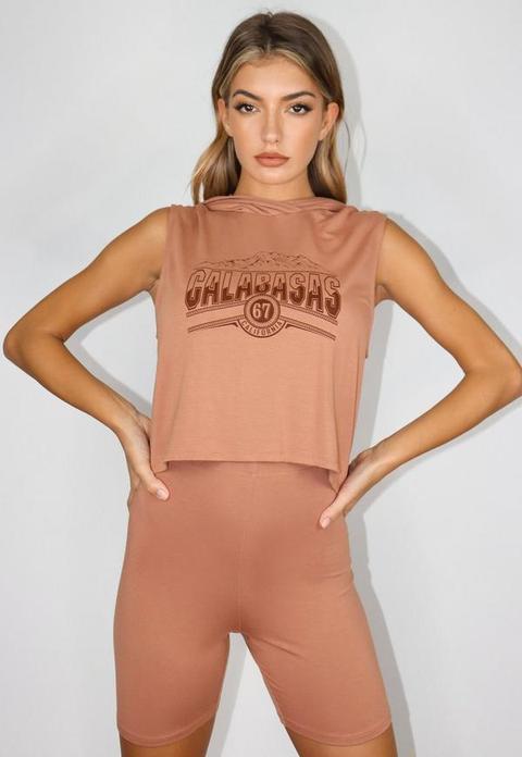 Tan Calabasa Hooded Crop Top And Cycling Shorts Co Ord Set, Tan