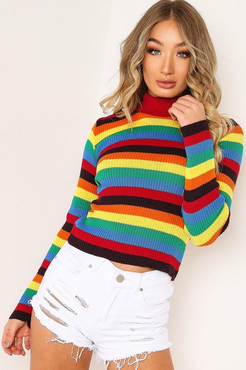 Rainbow Stripe Knitted Rib Jumper