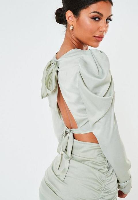 Missguided Crop Shirt In Mint Satin - Part Of A Set-green