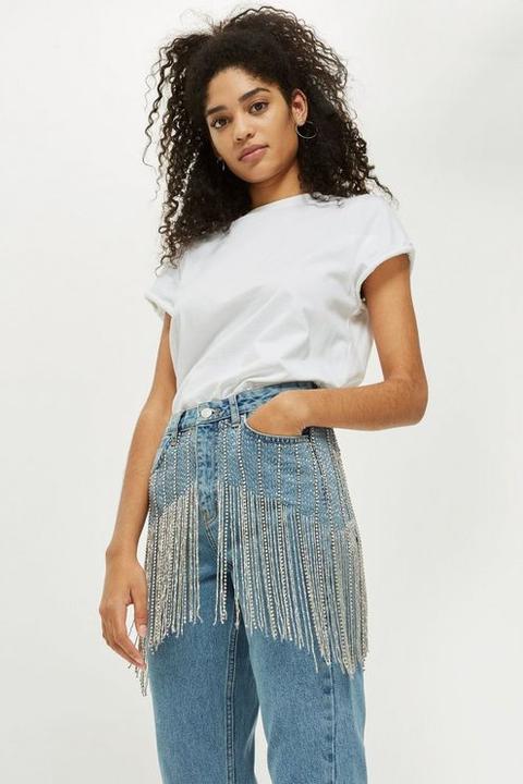 Womens Limited Edition Moto Diamante Fringe Waist Mom Jeans - Bleach Stone, Bleach Stone