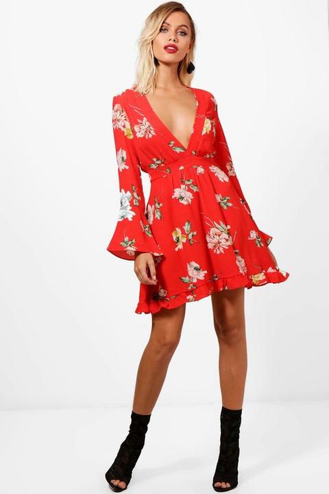 Floral Wide Sleeve Frill Hem Dress from Boohoo on 21 Buttons