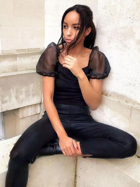 Luna Mesh Sleeve Ribbed Milkmaid Top In Black