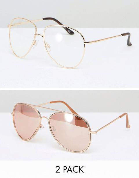 Pack De 2 Pares De Gafas Estilo Aviador Estilo Intelectual Y Gafas De Sol Estilo Aviador En Dorado Rosa De Asos