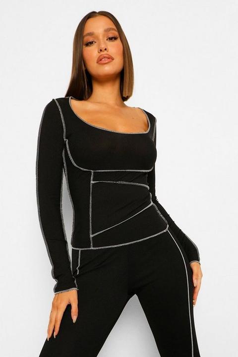 Womens Contrast Stitch Long Sleeve Top - Black - 10, Black