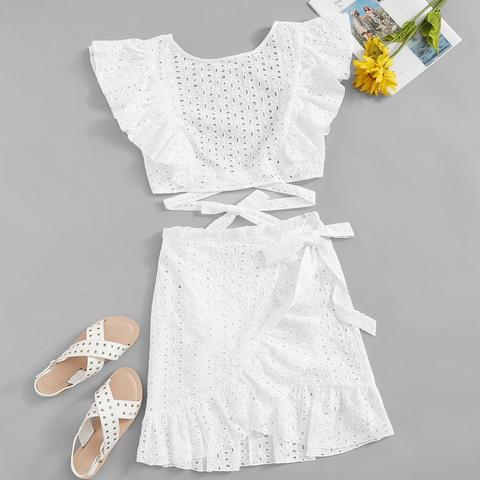 Lace Eyelet Ruffle Knot Top & Wrap Belted Skirt Co-ord