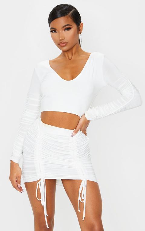 White Slinky Ruched Sleeve V Neck Crop Top