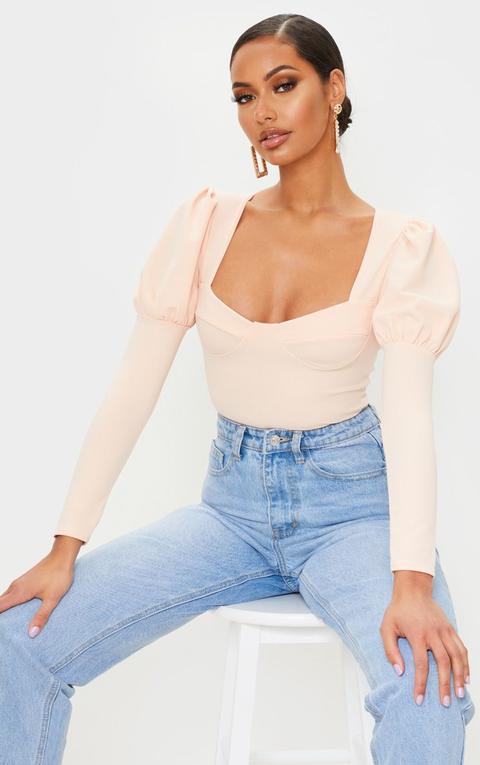 Nude Crepe Puff Sleeve Square Neck Bodysuit