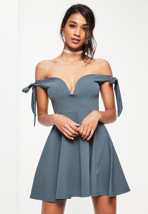 Blue Tie Sleeve V Bar Bardot Skater Dress