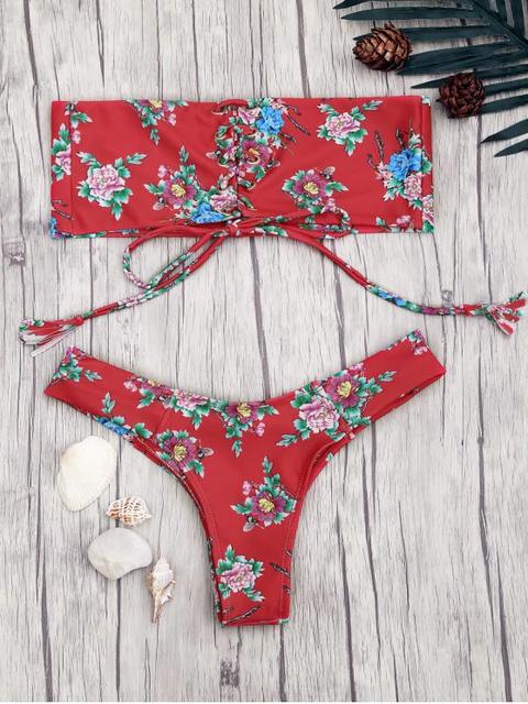 Bikini Bandeau Con Estampado Floral Con Cordones Yellow White Red