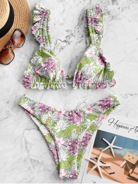 Zaful Conjunto De Bikini De Pierna Alta De Flor Multi-b