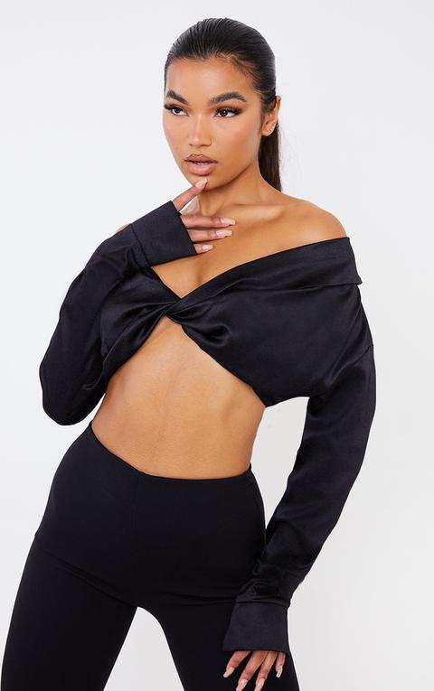 Black Bardot Twist Front Crop Blouse