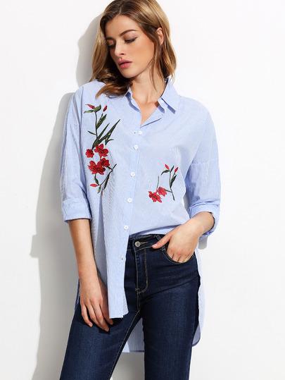 Blusa A Rayas Bordado Abertura Azul