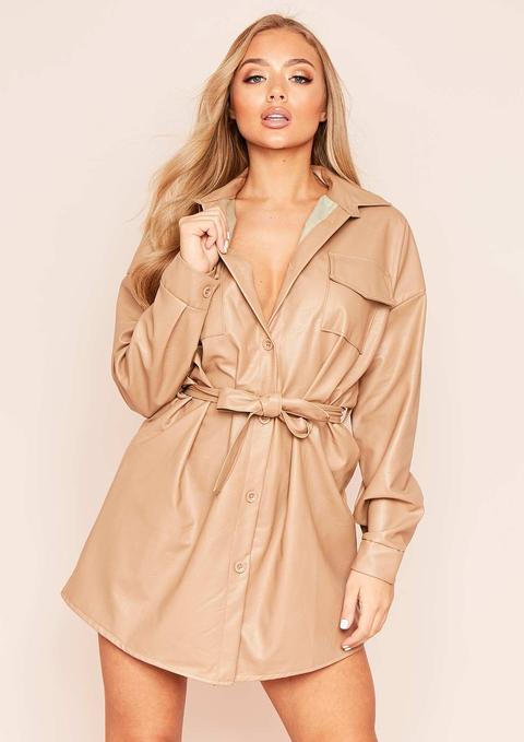 Livia Camel Faux Leather Belted Mini Dress