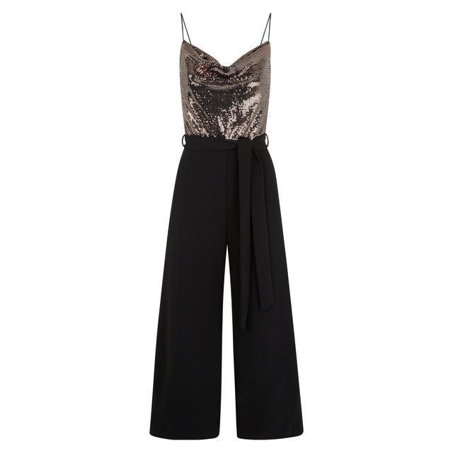 bronze metallic cowl neck 2 in 1 culotte jumpsuit