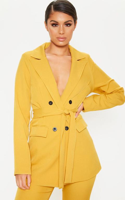 Veste Longue Style Blazer Moutarde À Ceinture, Mustard