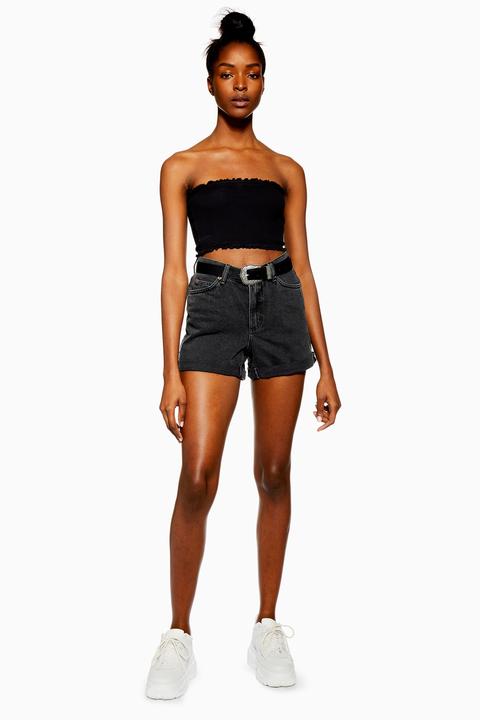 Womens Roll Hem Denim Mom Shorts - Washed Black, Washed Black