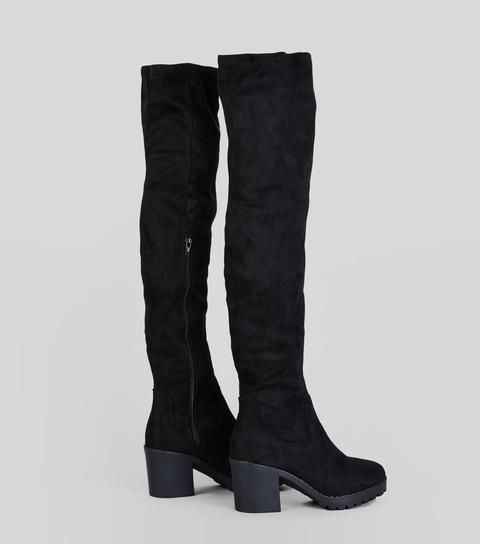 Black Suedette Over The Knee Chunky Boots