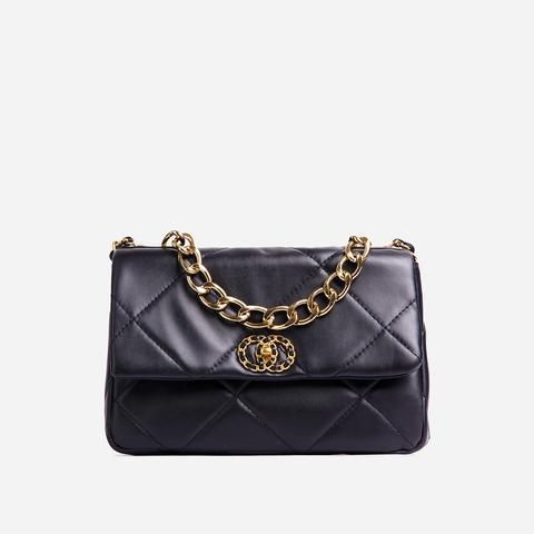 Cosmo Chain Detail Quilted Shoulder Bag In Black Faux Leather,, Black