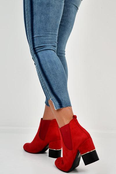 Red Suede Gold Detail Heeled Ankle Boots - Annison