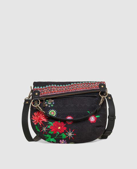 Desigual - Bandolera Folded Flor Mex En Negro Con Bordado Multicolor