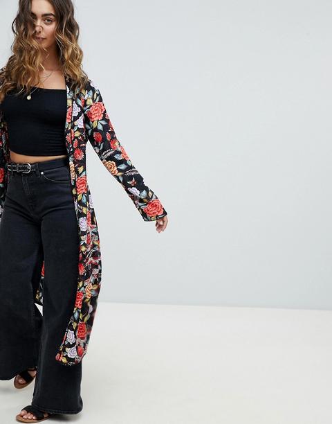 Asos Design - Hochwertiger Maxi-kimono Mit Geblümtem Schlangenmuster - Mehrfarbig