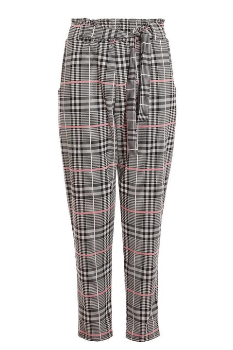 pink and black check trousers