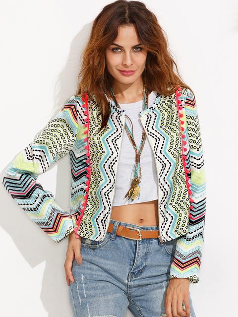 Blazer Estampado Pompones Crop Multicolor