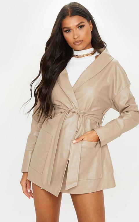 Taupe Pu Longline Belted Jacket