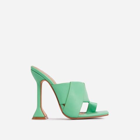 Power-moves Woven Strap Detail Square Toe Sculptured Heel Mule In Green Faux Leather, Green