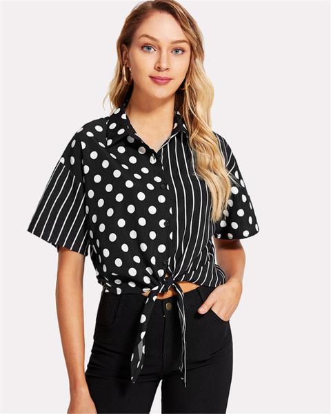 Blusa Anudada En La Parte Delantera Con Botón