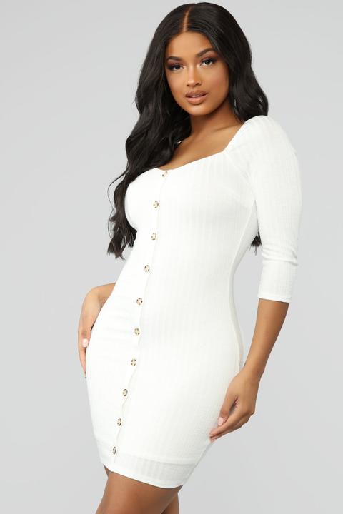 Push A Button Ribbed Mini Dress - Ivory