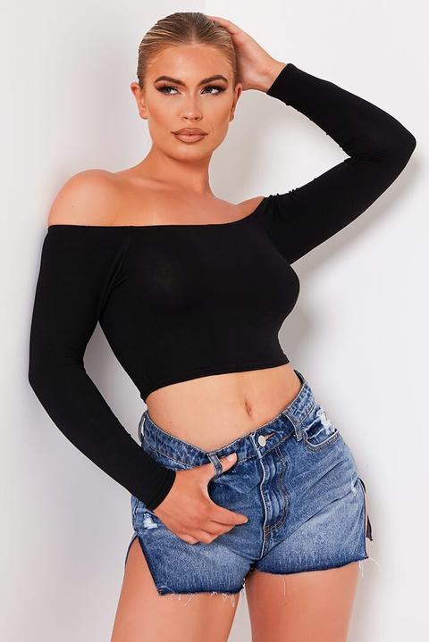 Black Basic Bardot Long Sleeve Crop Top