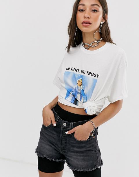 New Girl Order - T-shirt Oversize Con Stampa Con Strass E Scritta "in Girl We Trust - Bianco