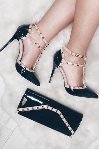 Koko Black & Beige Studded Strap Patent Court Shoe Heels