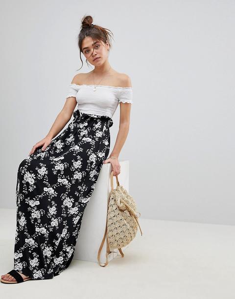 Falda Larga Con Cintura Paperbag Y Diseño Floral Monocromático De Asos