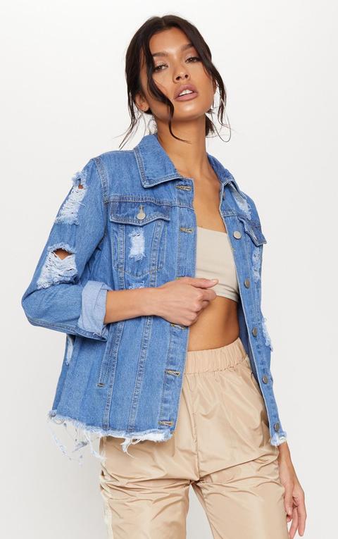 Abegaila Mid Wash Distress Oversized Denim Jacket