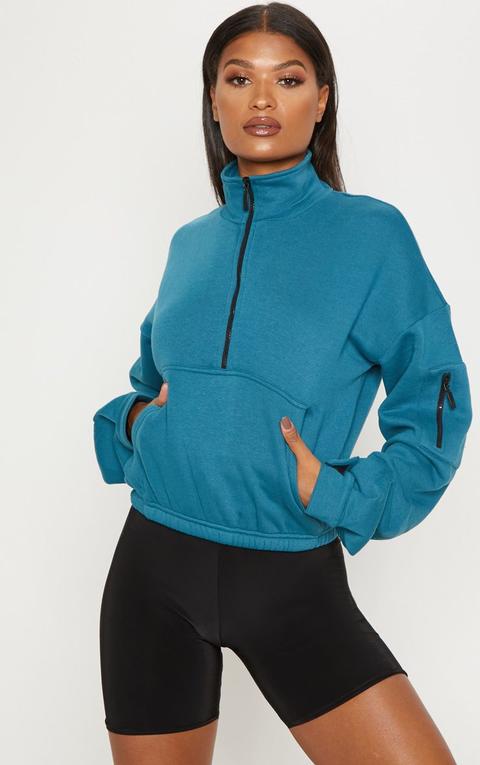 Teal Oversized Zip Front Sweater, Blue